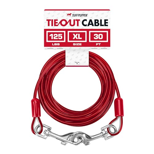 Tuff Pupper Dog Tie Out Cable 30 Feet | Dog Runner Cable for Yard 30 ft | Heavy Duty Lead | Water & Rust Resistant Industrial Strength Steel | 360 Degree No Tangle Swivel Clips