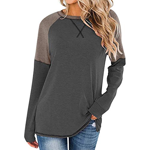 OutTop Fall Winter Long Sleeve T Shirt for Women Fashion Solid Patchwork Crewneck Loose Casual Pollver Tunic Tops (Gray, L)