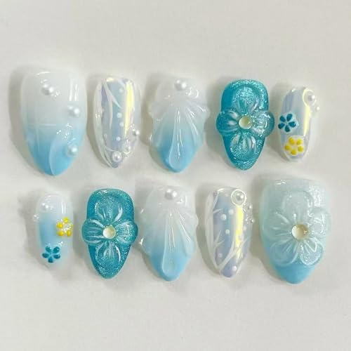 30Pcs Blue Summer Ocean Press on Nails Short Almond Fake Nails Sh...
