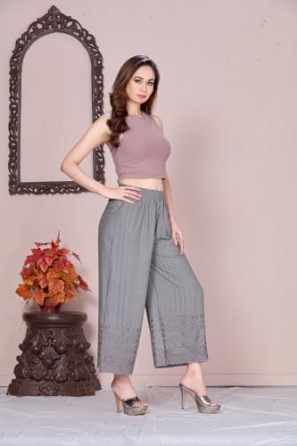 Image of VIVIKA Chikankari Palazzo Pants for Women |Rayon Wide Leg Ethnic Palazo with Embroidery | Comfortable Elastic Waist Women's Palazzo for Casual, Festive & Office Wear