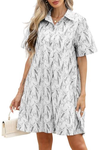 Image of LifeShe Summer Floral Dress Women's Printed Casual Sundress Short Sleeve Button Up Shirt Dresses with Pockets