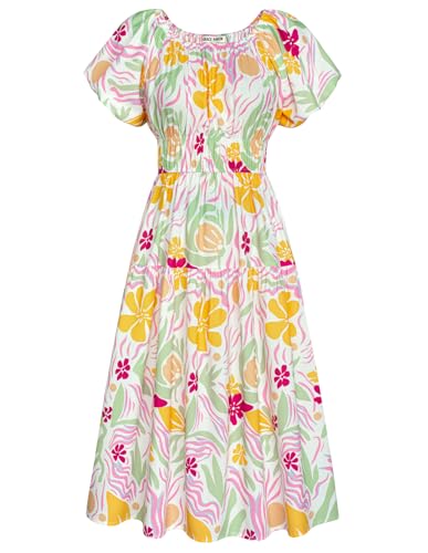 GRACE KARIN Vestido casual de verano para mujer, vestido de línea A, estampado floral, manga corta, hombros descubiertos, cintura elástica, sin tirantes, vestido largo de estilo bohemio, vestido de