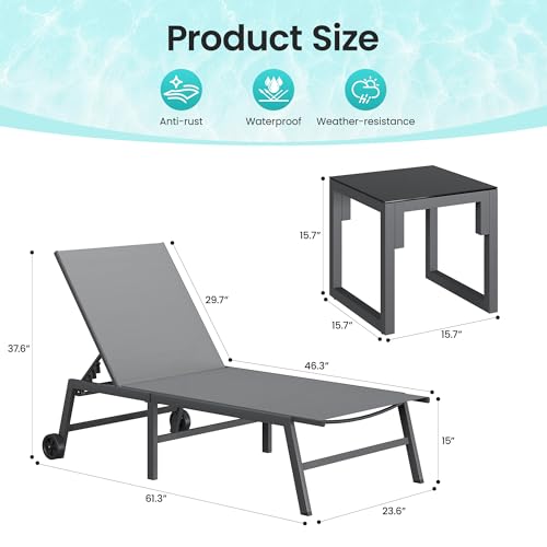 Image of Amopatio Patio Lounge Chairs Outdoor Chaise Lounges Set of 2 | Removable Pool Chairs with Wheels &Side Table Weather Resistant 5-Position Adjustable Backrest 400 LBS Capacity;Gray