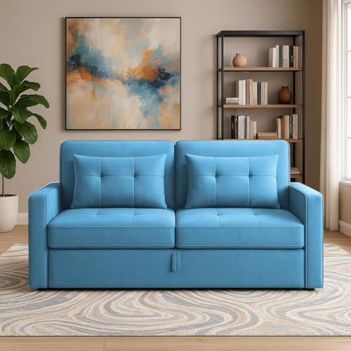 Image of Casaliving Treshta Pull-Out Premium Fabric Sofa Cum Bed 2 Seater Sofa Set for Living Room (Turquoise)