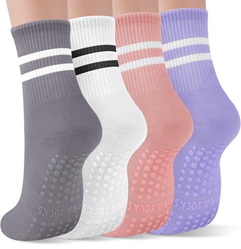 YSense Pilates Grip Socks for Women with Non Slip, Yoga Barre Grippy Accessories Athletic Socks for Pilates, Dance, Ballet, Barre, Hospital, Barefoot Workout, Sports Anti Slip 4 Pairs