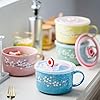 VanEnjoy 30oz Ceramic Bowl Set with Lid & Handle,Cherry Blossoms Among Snow Flake Pattern,Microwave for Instant Noodle Sara, Cereal Bowl (Blue)