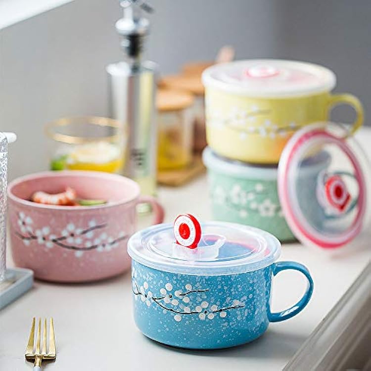 VanEnjoy 30oz Ceramic Bowl Set with Lid & Handle,Cherry Blossoms Among Snow Flake Pattern,Microwave for Instant Noodle Sara, Cereal Bowl (Blue)