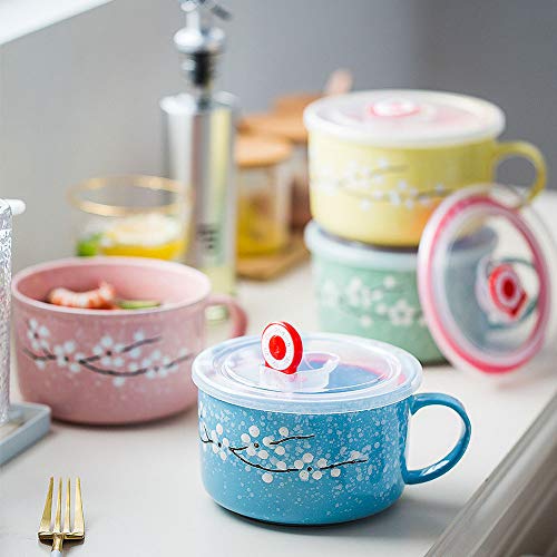 Vanenjoy 30Oz Ceramic Bowl Set With Lid & Handle,Cherry Blossoms Among Snow Flake Pattern,Microwave For Instant Noodle Sara, Cereal Bowl (Yellow) #TOP5