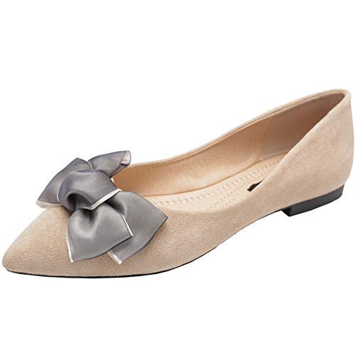 Hee grand Womens Pointy Toe Flat Shoes Bowknot Suede Dress Shoes Slip On Ballet Flats,Apricot 7