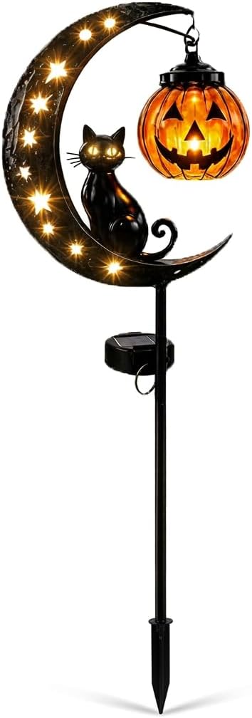 Halloween Solar LED Garden Stake Light Black Cat Jack-O-Lantern