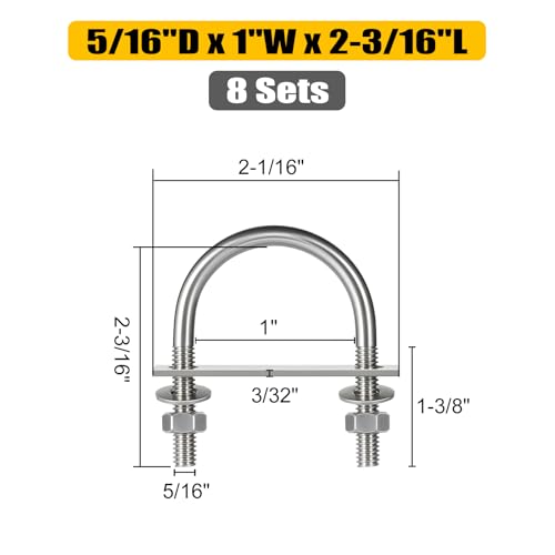 Image of 8 Sets Round U Bolts, u-Bolts 1 Inch Wide, 304 Stainless Steel U Bolt,with Nuts,Bolt Plate and Washers for Boat Trailer Tube(5 /16 inch D x 1 inch W x 2-3 /16 inchL)