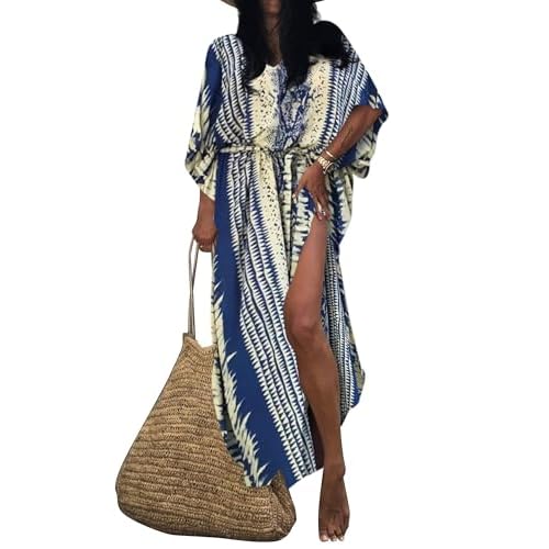 Bsubseach Kaftan Dresses for Women 2025 Plus Size Swimsuit Cover Up Tie Dye Caftan Maxi Dress Loungewear A-blue One Size