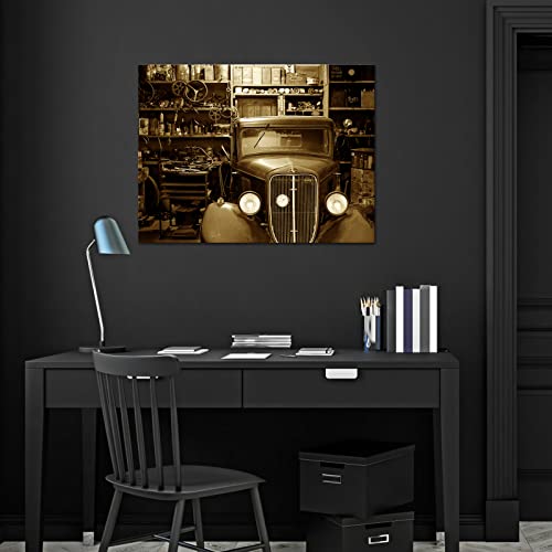 Artsbay Vintage Car Rustic Workshop Canvas Giclee Print Black And White Auto Repair Shop Picture Painting Modern Garage Retro Wall Art Decor Framed For Home Office Living Room Decoration 32"W X 24"H #TOP2