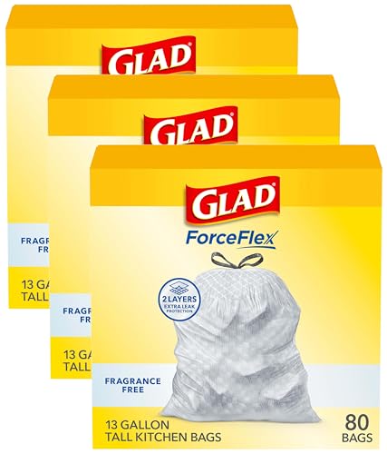 Image of Glad ForceFlex Tall Kitchen Drawstring Trash Bags, 13 Gal, Fragrance Free (Package May Vary) (Pack of 240)