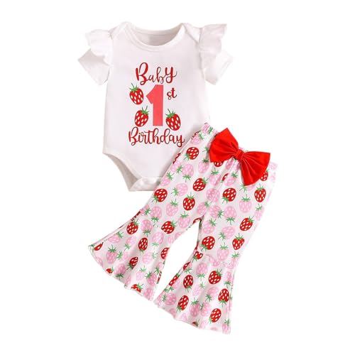 Conjunto de jersey de pana para bebés y niñas, de manga corta, estampado de fresas, pantalones acampanados rojos con banda para el pelo, conjunto casual para niña, blanco, 6-12 meses