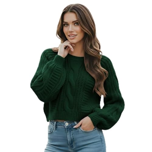 Grewear Women's Cropped Cable Knit Sweater, Soft Long Sleeve Crewneck