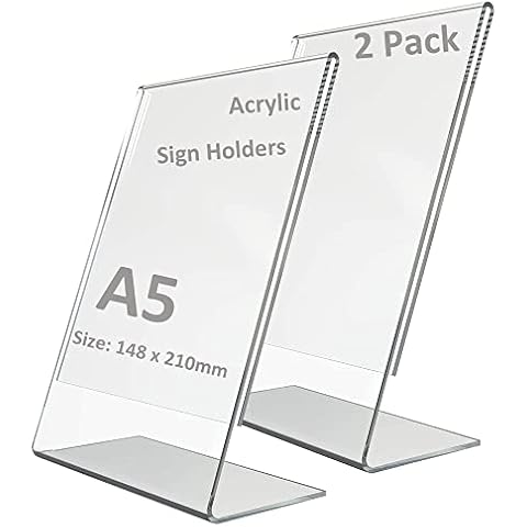2 Pack Acrylic Sign Holder A5,Display Stands Sign Wood Base Double Sided Menu Holder for Tables Counter Poster Sign Display Stand for Restaurant Store Bar Company Cover