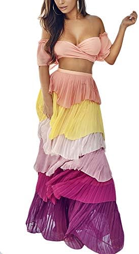 Cosygal Women's Ruffle Tiered Pleated Chiffon Crop Top Maxi Skirt Set Two Piece Outfit Dress Orange Large
