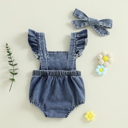 MAINESAKA Baby Girl Denim Romper Floral Sleeveless Ruffle Denim Bodysuit Overalls with Headband Newborn Summer Outfit3