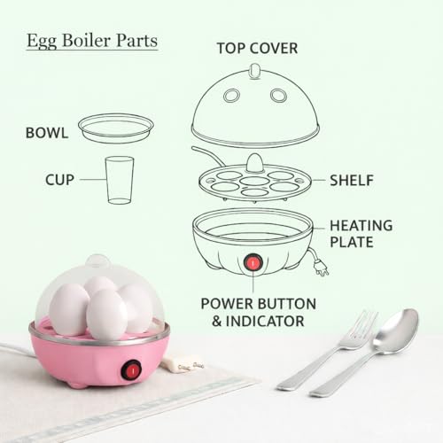 Image of Electric Egg Boiler | 350 Watt | Boils Upto 7 Eggs | Automatic | 3 Boiling Modes | Overheat Protection | Egg Poacher| Stainless Steel Heating Plate, Measuring Cup | 75ml | Plastic | PINK