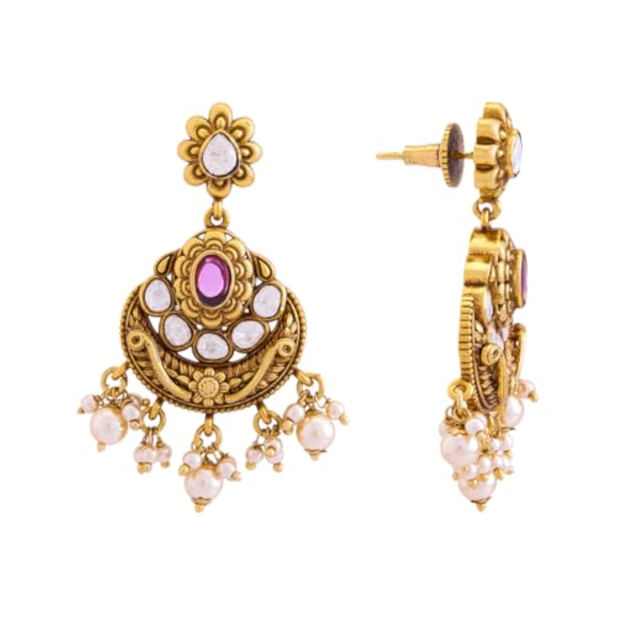 Ruby Gold Plated Antique Necklace Set with Earrings for Women