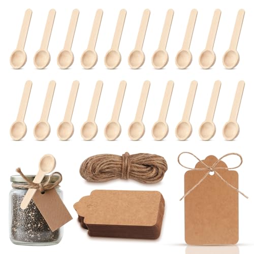 51 Sets Mini-Holzlöffel – kleine Holzlöffel,Einweglöffel für Gewürze, Holz-Probierlöffel mit Etiketten und Schnur,kleiner für Gewürzgläser,Gewürze,Honig,Zucker,Küche
