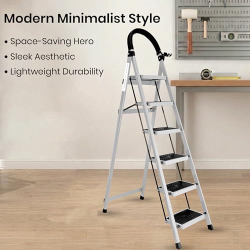 Image of White 6 Step Ladder for Home Use with Built-in Tool Tray | Heavy Duty D Shape Rods | Ultra Large Platform | Wide Rubber Feet | 150Kg Capacity Foldable Ladder - 7 Years Warranty