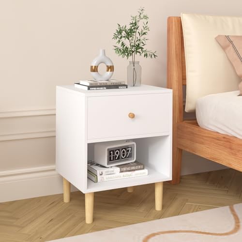 SmartEdge Modern Nightstand with Drawers & Open Storage Shelf Wood End Side Table, Large Storage Space Bedside Table, Wood End Table Toddler Nightstands for Bedroom, Living Room, White