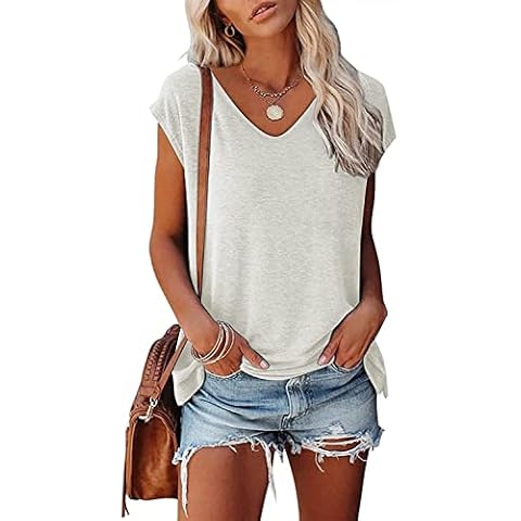 KINGFEN Womens T Shirts Short Sleeve Tunic Tops for Women Summer Casual Baggy V Neck Tops Plain Lounge Wear T Shirts for Women White Size 14 Cover