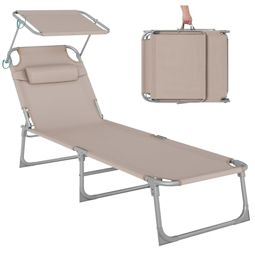 Image of SONGMICS Folding Sun Lounger 193 x 53 x 29 cm, Load Capacity 150 kg, with Sun Visor and Reclining Backrest for Garden, Pool, Patio, Taupe GCB192K01