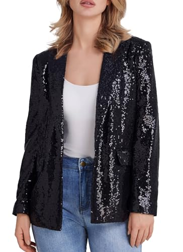 Women's Sequin Suit Jacket Open Front One Button Long Sleeve Blazers Party Sparkly Cardigan Coat with Pockets
