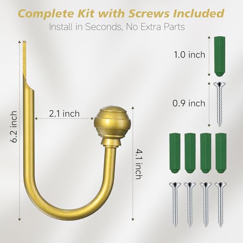 Hion Curtain Holdbacks Gold 6pcs, Curtain Tiebacks Wall Mounted Curtain Hooks Holders for Drapes - Thumbnail 2