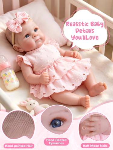 Image of EKOKIZ Lifelike Reborn Baby Doll 20 Inch, Realistic Newborn Girl with Pink Dress & Soft Silicone Vinyl, Handmade Collectible Doll for Kids Gift, Anxiety Relief, Dementia Therapy & Emotional Support