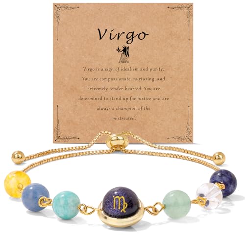 Raicegs Zodiac Bracelets for Women 18K Gold Plated Natural Stone Zodiac Sign Bracelets Gemstone Beads Healing Crystal Bracelets Constellation Horoscope Jewelry Gifts