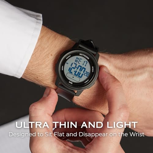 Image of Miykon Ultra-Thin Digital Watch for Men - Minimalist Waterproof Sports Watch with Large Easy to Read Display - Shockproof Resin, Super Illuminator, Stopwatch & Timer, Alarm, Dual Time, 24hr Military Time