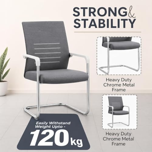 Image of OfficeElite | Ergonomic Office Chair for Home & Office | Breathable Fabric Back, Soft Cushion Seat | Heavy Duty Chrome Sled Base (120 kg Capacity, Grey, Pack of 2)