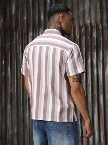 Image of High Star Men Strip Cotton Relaxed Fit Collar Short Sleeve Shirts 36