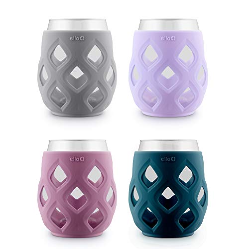 Ello Cru 17oz Stemless Wine Glass Set with Protective Silicone Sleeves, 4 Pack Cocktail Glass Perfect for Summer Patios and Parties Holiday Gifting Her Him Mother's Day, Dishwasher Safe, Cosmos