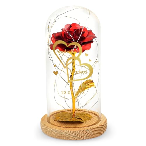Love Faith - Je t'aime - Rose éternelle sous Cloche en Verre avec lumière LED personnalisée avec Noms et Date Anniversaire