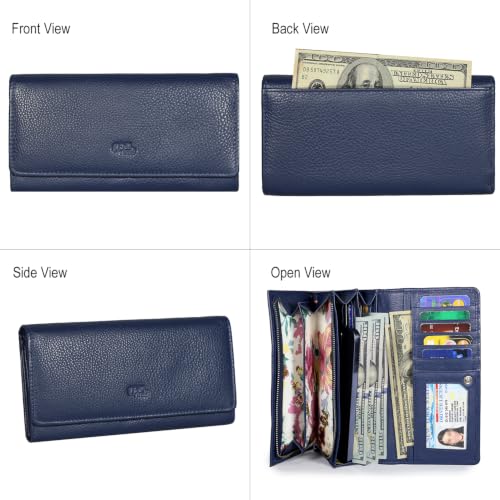 Image of Women's Top Grain Leather Wallet, RFID Blocking Bifold clutch, 17 Card Slots, Zip Pocket Organizer, Elegant Gift for Women - Birthday, Valentine, Anniversary - BLUE