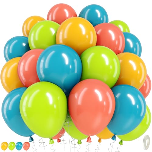 Image of Blue Green Orange Balloons, 60 Pcs 12 Inch Teal Blue Retro Orange Fruit Green Mustard Yellow Peacock Dino Latex Balloons for Cartoon Dinosaur Theme Boy Birthday Baby Shower Party Decoration Supplies