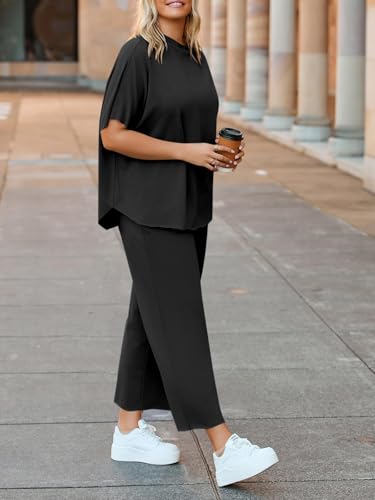 Image of Beautife Women's Plus Size 2 Piece Outfits 3 /4 Batwing Sleeve Capelet Crew Neck Pullover Top Wide Leg Pants Lounge Set