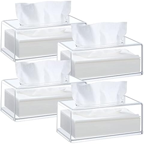 4 Pieces Acrylic Tissue Box Cover Rectangular Clear Tissue Holder Tissue Dispenser Facial Tissue Holders Dryer Sheet Box for Office Home Bathroom Restaurant Vanity Cover