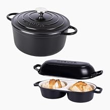 Nuovva Enamelled Cast Iron Cookware Bundle Round Casserole Dish with Lid & Double Bread Loaf Pan Premium Ovenproof Cookware Set for Baking, Roasting & Everyday Cooking