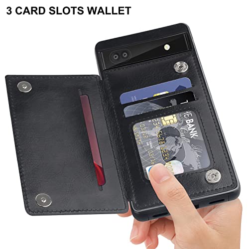 Bizzib for Google Pixel 6A Case Leather Wallet with Card Holder, Flip Cover Kickstand Magnetic Closure Shockproof Heavy Duty Protective Case for Google Pixel 6A,Black