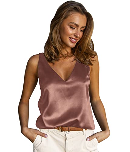 Image of Satin Tank Tops for Women Loose Fit Sleeveless V Neck Cami Camisole Blouses Shirt Top