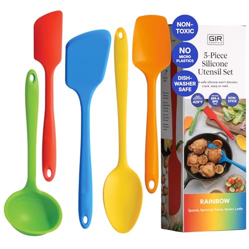 GIR 5-Piece Silicone Kitchen Utensils Set, Non-Toxic Cooking Utensils for Cooking and Baking, Heat Resistant, Food Grade, Dishwasher Safe Rubber Spatula, Ladle, Spoon - Rainbow