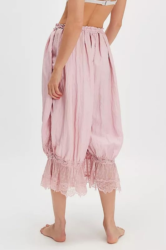 Image of KOSUSANILL Women Long Bloomer Pants Lace Trim Ruffle Pantaloons Cropped Lounge Pajama Bottoms Y2K Capri Pettipants