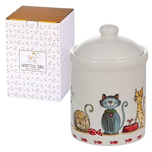 SPOTTED DOG GIFT COMPANY Ceramic Jar with Lid for Countertop Cute Cat Treat Container Decorative Kitchen Storage Jar for Tea Coffee Sugar Gifts for People Who Love Cats 35oz