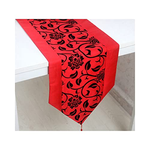 Chemin de table de Noël anti-pli rouge imitation soie avec pompons